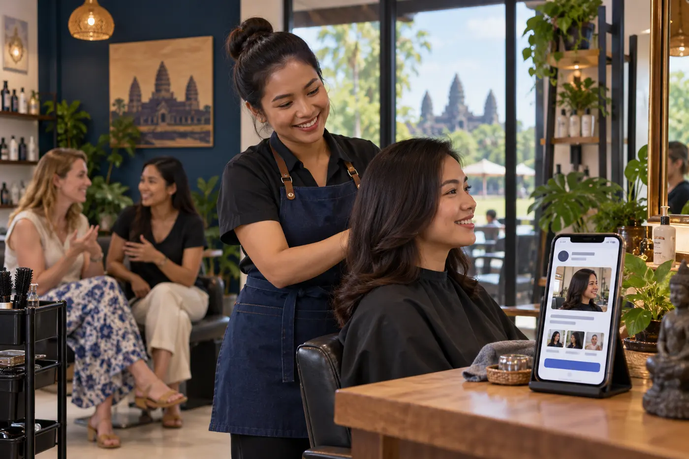 Cambodian salon owner focused on her customer while online content is ready