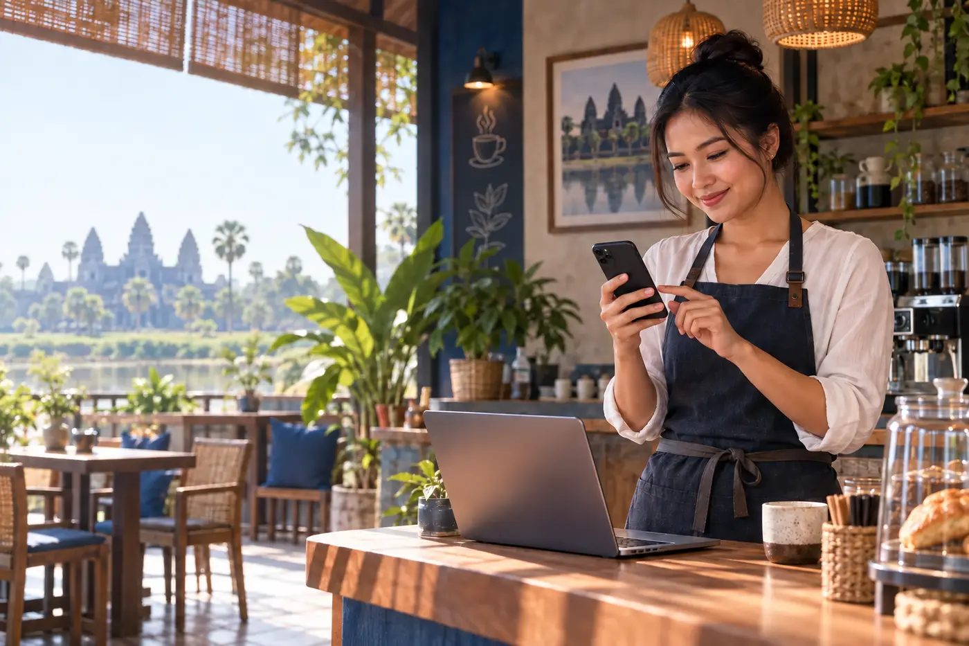 Cambodian cafe owner viewing prepared social media content